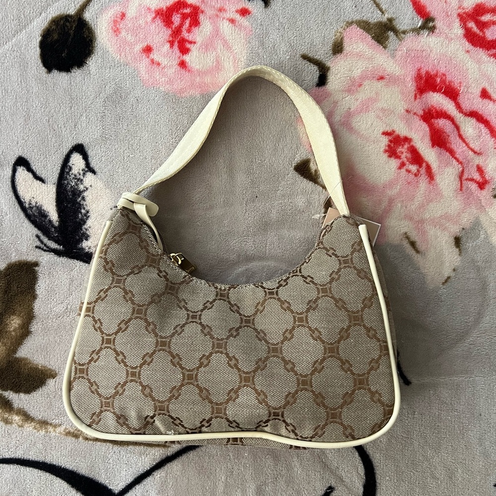 Brown and White Shoulder Bag with Monogram Print